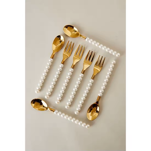 Juego de cubiertos metálicos con mangos de perlas, aptos para lavavajillas, ideales para la mesa de comedor en el hogar o bodas. - Product Image 1