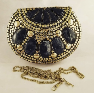 Irregular Shape Green Mosaic Clutch <b>Bag</b> With Gold Plated <b>Studs</b> And Chain Strap Fashion Art Craft - Product Image 1