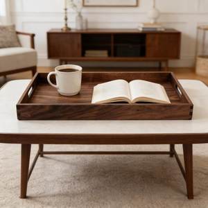 Rectangle <b>Wooden</b> Serving Tray With Handles <b>Rustic</b> Decorative Tray For Tea Floral Theme Walnut Finish Restaurant Walnut Wood tray - Product Image 4