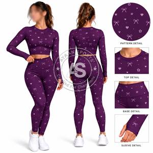 Conjunto de yoga de 2 piezas para mujer, estampado floral, top corto de manga larga, cintura alta, leggings largos, ropa deportiva - Product Image 5