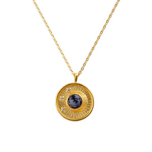 Collier en laiton plaqué or El Joyero Celestial avec pendentif soleil et obsidienne flocon de neige, bijoux minimalistes à superposer - Product Image 4