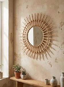 Stylish Sunburst Shape Bamboo And Rattan <b>Mirror</b> Ideal For Living Room Wall Decor For Eye Catching Boho Statement Look - Product Image 5
