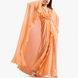 Elegant Salmon Peach Georgette Cape Gown | Designer Pleated <b>Maxi</b> Dress with Waistband | Moroccan <b>Kaftan</b> Evening Wear Dress - Product Image 3