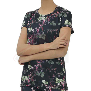 Camiseta de Manga Corta con Estampado Floral para Mujer, Corte Regular, Cuello Redondo, Ropa Casual, 100% Poliéster, Transpirable, Primavera Verano, Tejido de Punto - Product Image 1