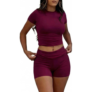 Two Piece Yoga Set Crew Neck Crop Top High Waist <b>Shorts</b> Solid Color <b>Ruched</b> Seamless Stretchable Quick Dry - Product Image 1