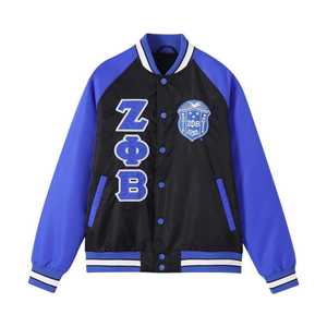 Veste bomber en satin noir et bleu Zeta Phi Beta, broderie en chenille, doublure personnalisée, veste universitaire grecque pour femmes, boutons pression, vêtements haut de gamme - Product Image 1