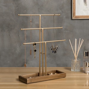 <b>Gold</b> Metal Jewelry Organizer Stand with Wooden Tray for Necklaces and Earrings - Product Image 6