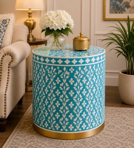 Tabouret pliant moderne fait main de haute qualité avec incrustations en os, style tambour, ottoman de ferme indien poli pour la décoration du salon et de la chambre - Product Image 3