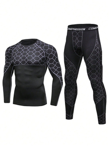 <b>Men's</b> Black <b>Compression</b> Gym Set Full Sleeve Crew Neck Long Sleeve <b>Top</b> With Elastic Waist Pants Sporty Fit - Product Image 5
