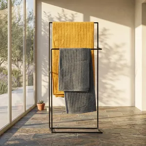 Minimalist Metal <b>Towel</b> Rack Standing Double Tier Matte Black Bathroom Storage Holder Durable <b>Waffle</b> <b>Towel</b> Organizer - Product Image 3