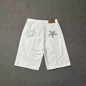 Pantalones Cortos Bermuda de Cintura Alta para Hombre con Logotipo de Estrella Bordado, Diseño Casual de Color Sólido con Botones y Tejido de Algodón - Product Image 4