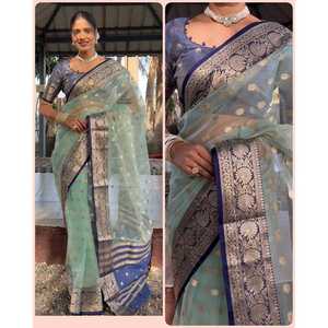 Dernier modèle de sari en tissage artisanal Kanchivaram avec travail Meenakari et blouse non cousue, couleur menthe - Product Image 1