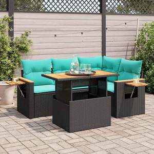 Ensemble de canapés de patio en polyrotin noir et acacia, 5 pièces, avec coussins, pour usage en jardin - Product Image 1