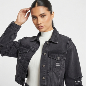 Women's Black Distressed <b>Denim</b> <b>Jacket</b> Set Long Sleeve Ripped Casual <b>Denim</b> Two Piece Women Street Style Jeans Set - Product Image 4