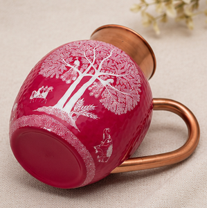 Carafe à eau en cuivre pur, émaillée rose, motif imprimé Arbre de Vie, motif paon et éléphant, style antique indien ayurvédique - Product Image 2