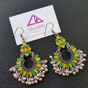 German Silver Lemon Green and Yellow Enamel Drop Hook Earrings - Product Image 1