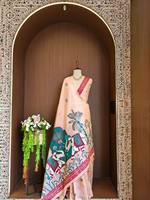 Saree Katun MUGA Bermotif Bunga dengan Pinggiran Zari, Gaun Tradisional India/Pakistan untuk Wanita, Panjang hingga Lantai, Bebas Kerut, untuk Pesta Pernikahan