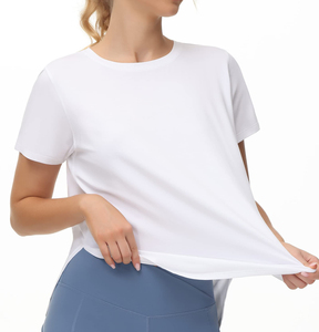 T-shirt blanc asymétrique à manches courtes pour femme, coupe ample, col rond, séchage rapide, en jersey, pour le printemps et l'été, tenue décontractée - Product Image 5