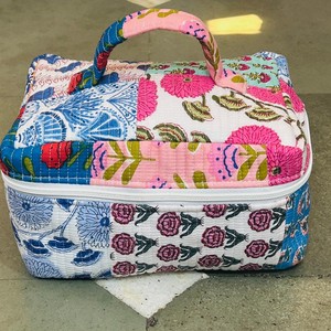 Quilted Panelled Cosmetic Bag Medium Size Bohemian Floral Print Zipper Closure Soft Handle Textile Material - Product Image 6
