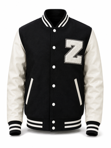Veste universitaire unisexe noire en laine/polyester avec manches brodées de la lettre 00, style streetwear, col rabattu, coupe classique, patchwork - Product Image 1