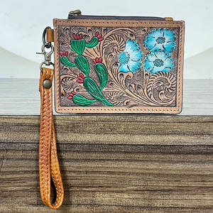 Custom Design Hand Tooled Genuine Leather Mini Wristlet Wallet Stylish Floral Cactus Zipper Closure Card <b>Holder</b> For Women - Product Image 3