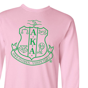 Camiseta de manga larga AKA World Famous Crest, color rosa claro y verde, con estampado gráfico, ropa de hermandad, top informal de algodón con cuello redondo - Product Image 5