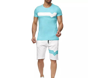 Ensemble T-shirt et short pour homme, bleu clair et blanc, respirant, 100% coton, col rond, séchage rapide, tricoté, décontracté, pour l'été - Product Image 4