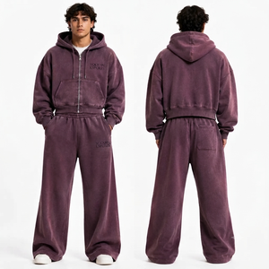 Ensemble survêtement Vocksin vintage violet à capuche zippée pour homme, coupe oversize, pantalon cargo à jambes larges, en molleton de coton premium pour l'hiver - Product Image 3