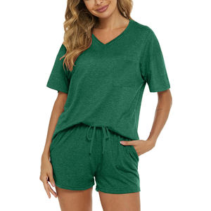 Women's <b>Sets</b> Custom Comfortable Summer Casual Style 100% Cotton Short Pajamas <b>Set</b> V-Neck Sleepwear Blank 2 Piece <b>Set</b> Women - Product Image 5