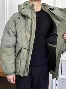 Men's Olive Green Hooded Puffer <b>Jacket</b> Casual Windproof <b>Thick</b> Polyester <b>Fleece</b> Short Loose Fit Zipper Closure Winter Wear - Product Image 5