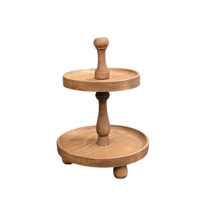 Support à gâteau en bois à 2 niveaux, design classique, plateau de présentation de desserts en bois avec anneau métallique, support rond pour cupcakes pour mariage ou fête - Product Image 2