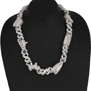 Cadena de Plata de Ley 925 con Eslabones Cubanos Miami, Estilo Hip Hop, con Diamantes Cultivados en Laboratorio VVS que Pasan la Prueba del Diamante, con Incrustaciones de Diferentes Formas - Product Image 1