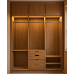 Modern Teak Wood Built In Wardrobe with LED Lighting and Minimalist <b>Bedroom</b> Closet Storage - Product Image 1