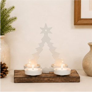 Porte-bougie chauffe-plat moderne en métal blanc pour sapin de Noël, base en bois naturel, 4 coupelles, écologique, durable, décoration d'intérieur - Product Image 3