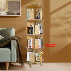<b>Solid</b> Pine <b>Wood</b> 4-Layer 360-degree Rotating <b>Bookcase</b> Display Rack Modern Minimalist Style for Living Room with Panel - Product Image 5