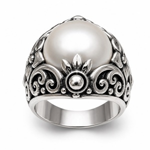 Anillo de Cóctel de Plata de Ley 925 con Perla Mabe, Diseño de Loto, Joyería Unisex Hecha a Mano - Product Image 1