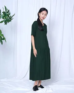Women Boho Green V-Neck Linen Midi <b>Dress</b> With Short Sleeve <b>Loose</b> Fit Button Front Casual Daily Wear - Product Image 3