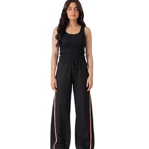 Pantalon de survêtement noir pour femme à jambes larges avec bandes latérales blanches, taille élastique, décontracté, vêtements de sport, fournisseur de vêtements personnalisés en gros - Product Image 1