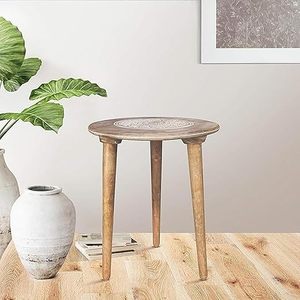 Table d'appoint vintage traditionnelle indienne en bois à trois pieds, durable et écologique, pour livres, magazines, plantes naturelles, petite taille - Product Image 6