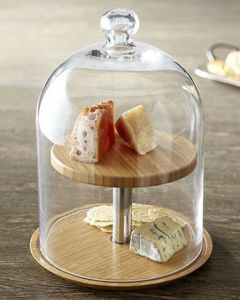 Présentoir à dessert et fromages en verre de qualité supérieure, présentoir à double niveau avec dôme en verre et étagères en bois, présentoir à gâteaux et pâtisseries - Product Image 1