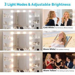 Toeletta Trucco con 7 Cassetti e 4 Ripiani, Finitura Melaminica Bianca, 10 Lampadine a LED, Set Tavolo da Trucco - Product Image 6
