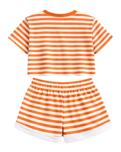 Ensemble décontracté d'été deux pièces pour femme : crop top rayé orange et short, taille élastique, tenue de détente, streetwear, OEM - Product Image 4