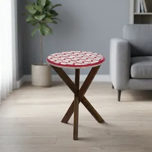 Mesa Auxiliar de Madera Roja Hecha a Mano con Tapa de Tablero de Ajedrez con Incrustaciones de Hueso y Patas Cruzadas, Mueble Decorativo - Product Image 5