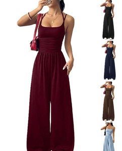 Mono de Verano para Mujer con Tirantes Halter, Estilo Europeo Americano, de Pierna Ancha, con Logotipo Bordado Personalizado OEM, Precio de Fábrica BD China - Product Image 1
