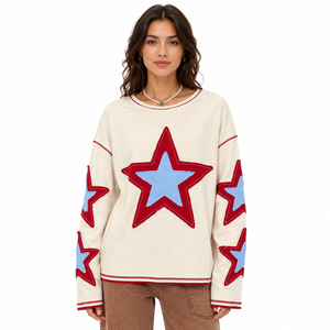 Star Applique Women Sweatshirts Oversized Exposed Back Seam Streetwear Pullover Premium Cotton Hoodies Manufacturer - Product Image 1