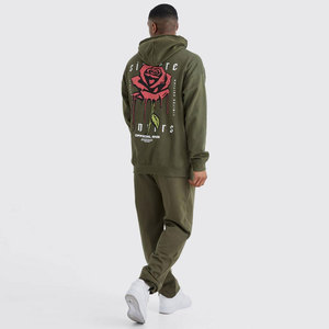 Men Olive Green Hooded Tracksuit <b>Set</b> With Pink Rose Print Casual Full Length Cotton Sweatshirt And Pants - Product Image 2