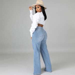 Jean en denim personnalisé pour femme, taille haute, à empiècements, non extensible, avec fermeture éclair avant et arrière, coupe évasée - Product Image 3