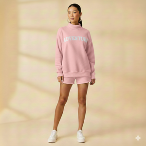Ensemble col roulé et short pour femme en mélange de coton premium, tenue décontractée deux pièces, ensemble coordonné doux pour le loungewear et le streetwear - Product Image 1