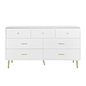 Grande Cassettiera Bianca con Sette Cassetti, Maniglie e Gambe Dorate, Elegante Soluzione di Arredo e Stoccaggio - Product Image 1