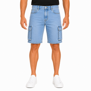 Men's Light Wash Denim Cargo Shorts Mid Waist Multi Pocket Casual Streetwear Summer Style Breathable Quick Dry Woven Cotton 340g - Product Image 3